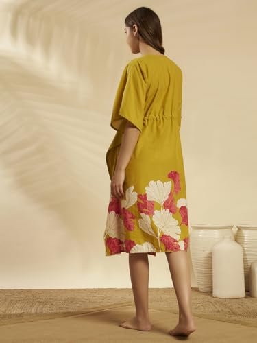 Image of Ravaiyaa Women Printed Cotton V-Neck Knee Length Kaftan Dress Nighty