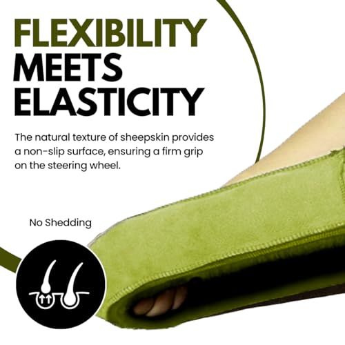 Andalus Brands Luxury Fluffy Car Steering Wheel Covers – Genuine Merino Sheepskin, Soft Fuzzy Car Steering Wheel Cover for Women, Universal 14.5-15" Size, Plush Fur Cute Auto Accessories, Green - Thumbnail 5