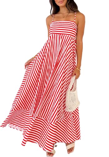 Image of KMBANGI Women Striped Sleeveless Maxi Dress Swing Patchwork Midi Dress Smocked Spaghetti Strap Colorful Long Sundress