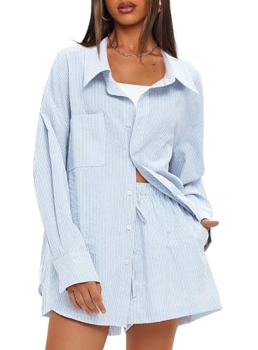 Darong Women's Summer 2 Piece Outfit Sets Long Sleeve Button Down Shirts Matching Short Sets Beach Vacation Lounge Set