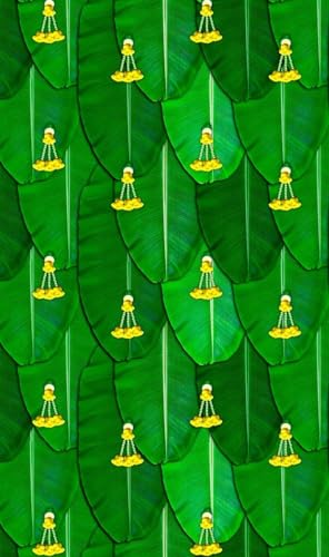 Image of VINAYAKA MART varalakshmi vratham Backdrop| Banana Leaf Curtain backdrops Decorations with Small Yellow Flower 8 X 5 Feet | Banana Leaf Decoration | Pooja Background Decoration Cloth