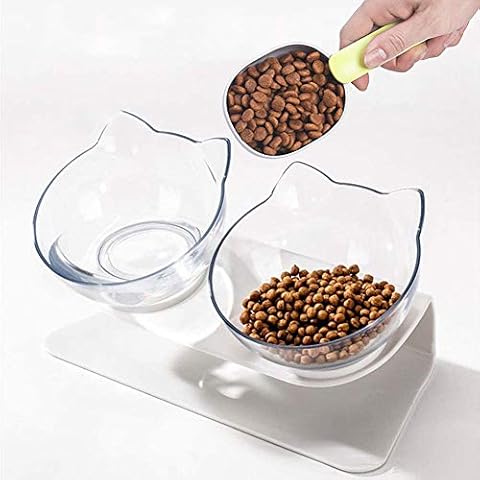 Raised Cat Bowl with Stand, Tilted Cat Bowls for Kittens Elevated Cat Bowl Anti Vomiting Double Cat Bowls Plastic Transparent Cat Feeding Bowl Cover