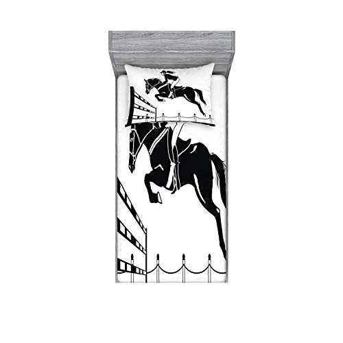Ambesonne Cartoon Fitted Sheet & Pillow Sham Set, Racing Horse with a Jockey Girl Jumping Above Barrier Barn Farming Print, Decorative Printed 2 Piece Bedding Decor Set, Twin, White Grey