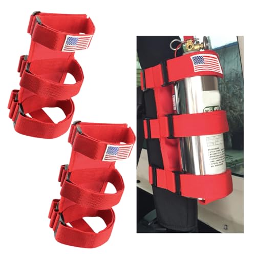 Gasedin 2 PCS Fire Extinguisher Holder, Adjustable Roll Bar Fire Extinguisher Mount Holder, American Flag Pattern Extinguishers Strap Bartact for Cars Trucks, Car Accessories (Red)