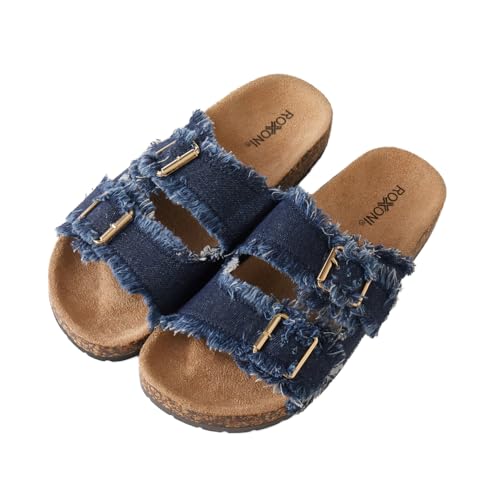 Roxoni Womens Comfort Flat Sandals Double Buckle Adjustable Straps Flat Slides Footbed Suede