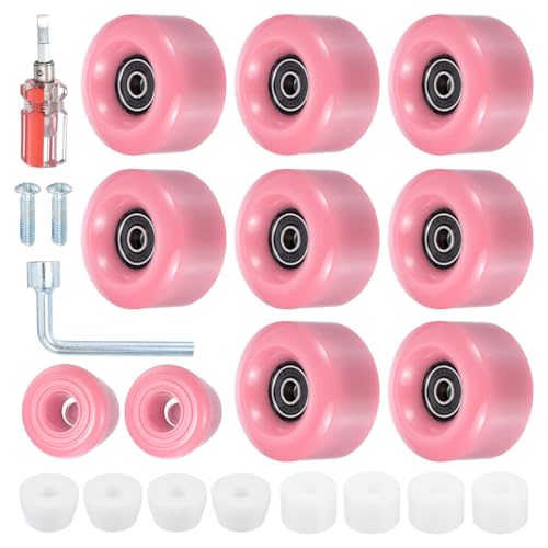 M METERXITY 8 Pack Roller Skate Wheels - Quad Skates Wheels with Bearing Installed & 2 Toe Stoppers Apply to Outdoor Double Row Skating (58x32mm, 82A, Pink)