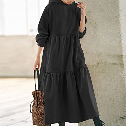 Hiborth Moletom Feminino Outono Inverno Vestido com Babados Cor Sólida Manga Longa Solta Bainha Gran
