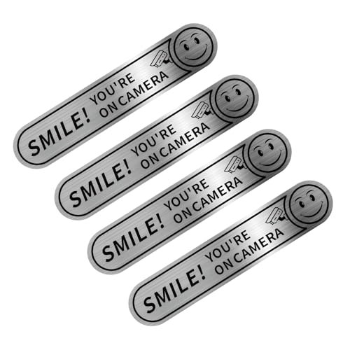 WZP 4 PCS Smile You're On Camera Stickers for Car, Waterproof Vinyl Security Camera Sign Decal, Self-Adhesive Video Surveillance Sign Sticker for Car Windows, Home, Business (5' x 1')