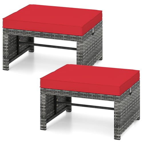 Tangkula 2 Pieces Patio PE Rattan Ottomans, Multipurpose Outdoor Footstool Footrest Additional Seating Side Table with Soft Zippered Cushions for Deck, Garden, and Yard (Red)