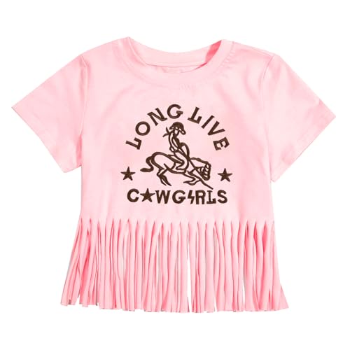 Image of Girls Western Shirt Cowgirls Embroidered Country Concert T Shirt Graphic Horseback Rider Tassel Fringe Tee Tops