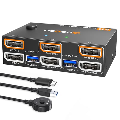 KVM Switch 8K@30Hz/4K@144Hz, DP KVM Switch für 2 Computer 2 Monitore und 4 USB3.0-Geräte teilen,Kabelfernbedienung und USB-Kabel im Lieferumfang enthalten