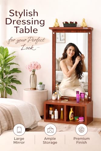 Image of Wall Mounted Dressing Table with Mirror Finish Storage Shelf Compact Wall Vanity Makeup Organizer for Bedroom Bathroom Entryway Space Saving Home Furniture Decor (Light Brown)