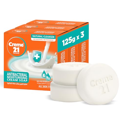 Creme 21 Antibacterial Moisturising Cream Soap | Natural Cleanser | Toxin-Free Sulphate-Free No Parabens | With Pro-Vitamin B5 & Vitamin E | All Skin Types | Pack of 3 (125 g Each)