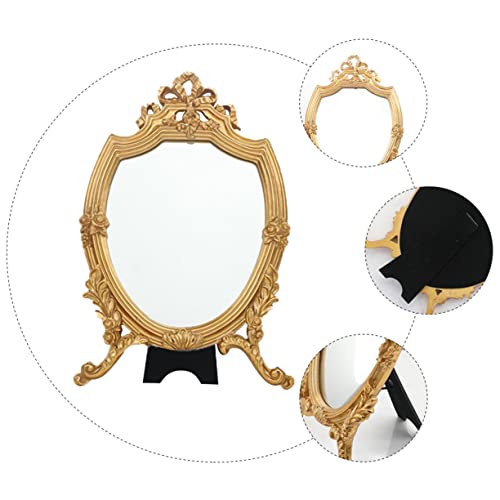 NOLITOY 1個 エンボス化粧鏡 makeup cosmetic standing mirror オフィスデスクの装飾 拡大化粧鏡 レトロな鏡 レトロなスタイルのミラー 樹脂 Golden