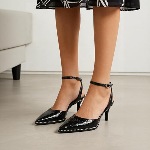 Image of SAMMITOP Kitten Heels for Women Low Heel Closed Toe Ankle Strap Pumps Wedding Party Beaded Dress Shoes 2.4 Inch