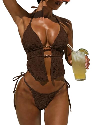 Image of ZAFUL Halter Swimsuits for Women Textured Backless 2 Piece Bathing Suits Cheeky High Cut String Tie Side Bikini Sets