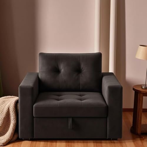 Image of FURNY Tressa 1 Seater Fabric Easy Pull-Out Sofa Cum Bed (Dark Grey) Premium Velvet Finish | Durable Comfort | Ideal for Living Room