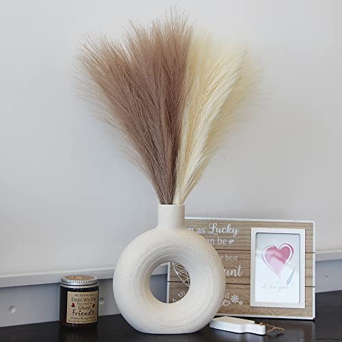 Brown Beige Faux Pampas Grass Decor, 6 Stems(3 Brown +3 Beige)-18'' Small Short Artificial Taupe Cream Pompous Grass Pampass Fluffy Fake Pompass Grass Branches Dried Plants Boho Flowers Floral Bulk #TOP4