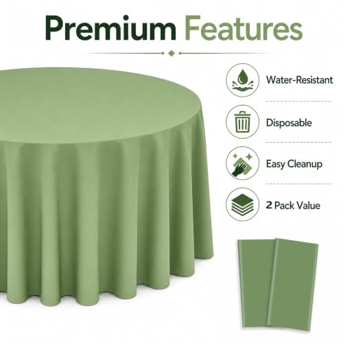 Image of WNINK 2 Pack Sage Green Round Tablecloth, 84 Inch Disposable Plastic Table Covers, Sage Green Round Table Cover for Wedding, Baby Shower, Bridal Shower, Birthday and Garden Party Supplies