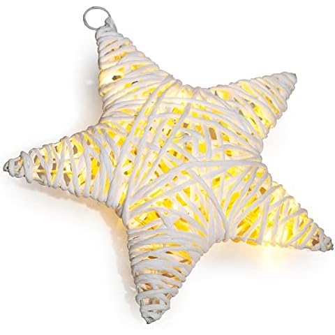 West Ivory 10” x 10” Fairy Light w/10 LEDs White String Paper Wrapped Star w/Metal Frame, Battery Powered, Christmas Xmas Tree, Valentine Holiday Decorative Indoor Outdoor, Warm White Cover