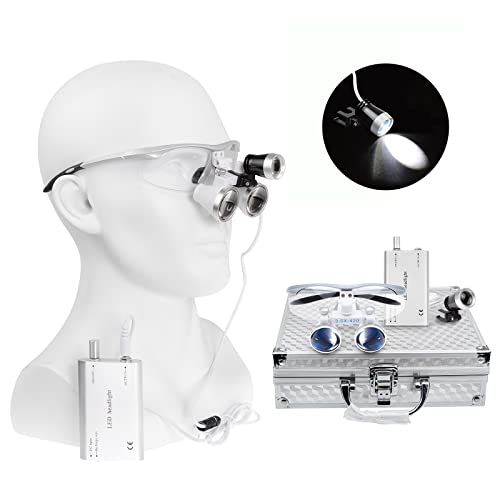 BoNew Dental 3,5 x 420 mm chirurgisches Fernglaslupes-Set mit LED-Kopflicht, silberfarbene Aluminiumbox