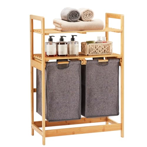YOUDENOVA Cesto para la colada de bambú con 2 estantes con 2 bolsas de lavandería extensibles para dormitorio, baño o lavandería, 93 x 64 x 33 cm, gris