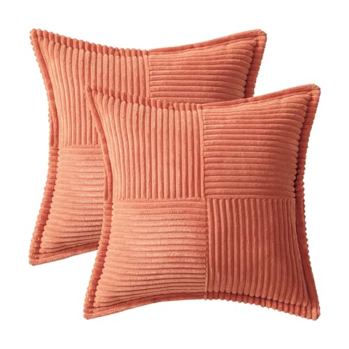 Image of MIULEE Decorative Throw Pillow Covers for Couch Bed Livingroom 18x18 Inch Set of 2 Coral Red Boho Accent Throw Pllows Broadside Striped Patchwork Soft Corduroy Summer Pillowcases