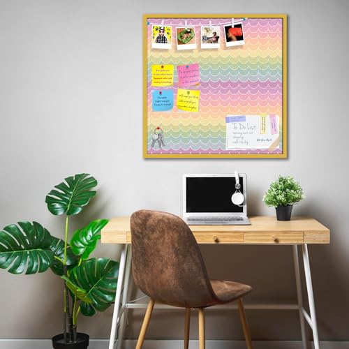 Image of ArtzFolio Wavey | Bulletin Board Notice Pin Board | Vision Soft Board Combo with Thumb Push Pins & Sticky Notes | Golden Frame | 28 x 28 inch (71 x 71 cms)