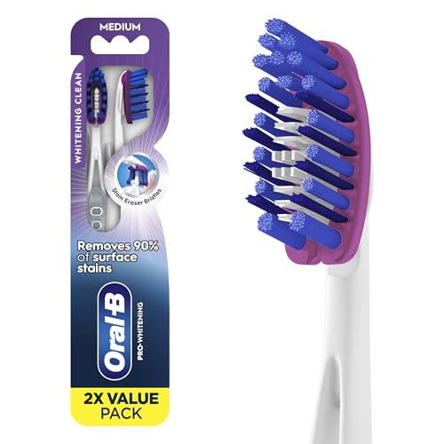 Oral-B 3D White Deep Stain Remover Toothbrushes, 2 Count Medium, Whitens Teeth, Removes 90% Surface Stains, Deep Reach, Plaque Removal