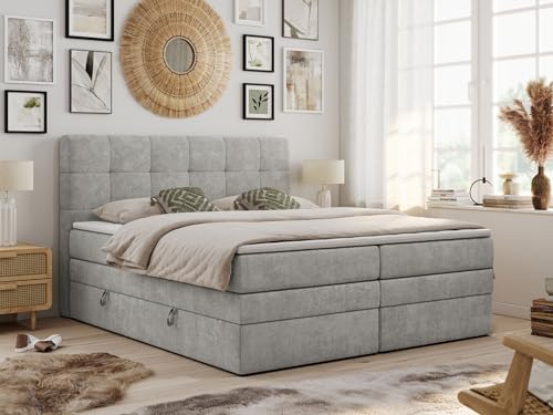 MKS MEBLE King Boxspringbett Grau 180x200, Polsterbett 180x200 mit Bettkasten, Bett 180x200 mit Multipocket-Matratze H3, Boxspringbett 180x200 mit Kopfteil und Topper - H3 Hellgrau Struktur - Luka