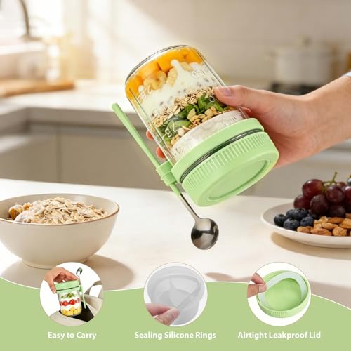 Image of 6 Pack Green Overnight Oats Containers with Lids & Spoon - 16 oz Glass Mason Jars with Separate Divider Leakproof Sugar Packet Holders Chia Yogurt Parfait Cups for Oatmeal Cereal Meal Prep