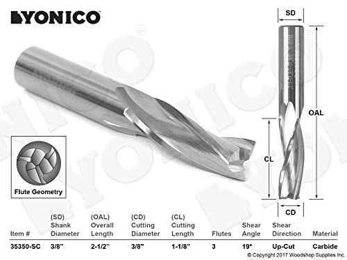 Image of YONICO Upcut Router Bits Spiral 3 Flute Solid Carbide CNC Slow Helix End Mill 3 /8-Inch Dia. 3 /8-Inch Shank 35350-SC