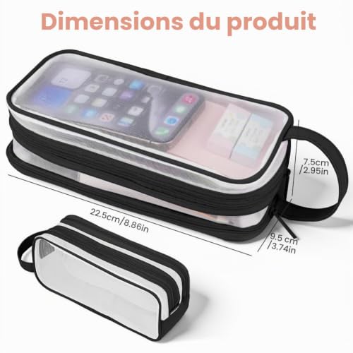 APXEL Transparent Scolaires Papeterie Trousse, Trousse Enfant Crayon, Grande Trousses Scolaire, Pochette Maquillage de Voyage pour Homme en Femme, pour Adolescents Étudiants Adultes Bureau (Noir) – vue 2