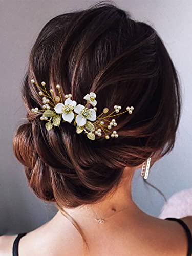 Jakawin Flower Bride Wedding Hair Comb Gold Leaf Hair Piece Pearl Bridal Hair Accessories For Women And Girls Hc132 #TOP3