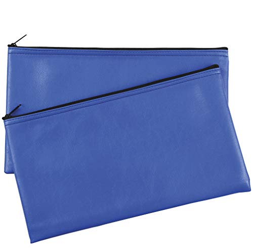 Security Bank Deposit/Utility Zipper Coin Bags, 11 X 6 Inches - Leather Zipper Pocket Money Holder, safe for Cash, Coins, Legal Documents, Receipts - Blue - 2 Pack