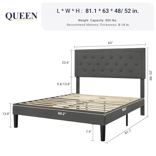 Allewie Queen Size Button Tufted/Fabric Upholstered Bed Frame with Adjustable Headboard/Wood Slat Support/Mattress Foundation/Dark Grey