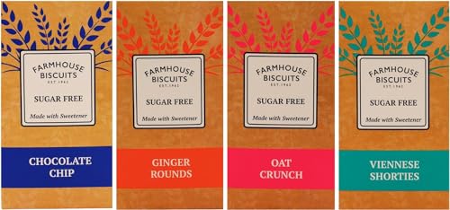 Farmhouse Sugar Free Luxury Cookies Selection - Viennese Shorties, Oat Crunch Cookies, Ginger Cookies & Choc Chip Cookies 150G Each