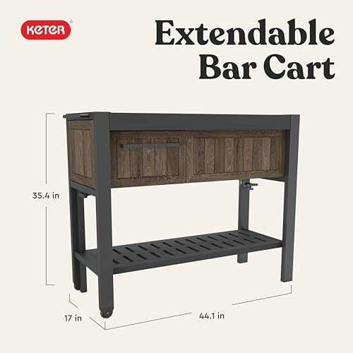 Image of Keter Extendable Outdoor Bar Cart with Hidden Cooler, Storage Drawers & Prep Surface - Mobile Patio Serving Station with Drainage Kit & Hidden Wheels for Backyard, Garden & Poolside Entertaining