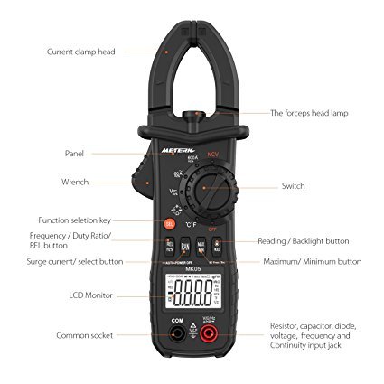Digital Clamp Meter Meterk 6000 Counts TRUE RMS NCV AC/DC Voltage Auto Range AC Current Clamp Multimeter Capacitance Resistance Frequency Temperature Measure (Black Digital Clamp Meter)