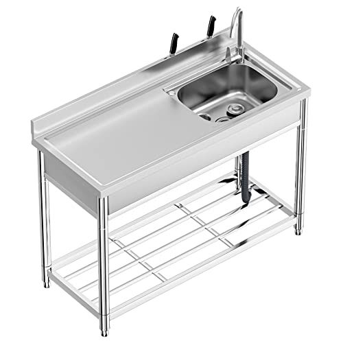Fregadero de Cocina Comercial con Banco de Trabajo, 120 × 50 × 94 cm Fregadero de Acero Inoxidable Independiente con Grifo, Fregadero Industriales con Patas Acero para Cocina, Restaurante, Bar, Jardín