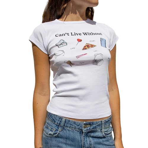 Image of Geagodelia Women's T-Shirt Ladies Basic Short Sleeve Graphic Tshirt Summer Crop Top Y2K Aesthetic Clothes Outfit Baby Tee Streetwear (E White - Necessity, L)