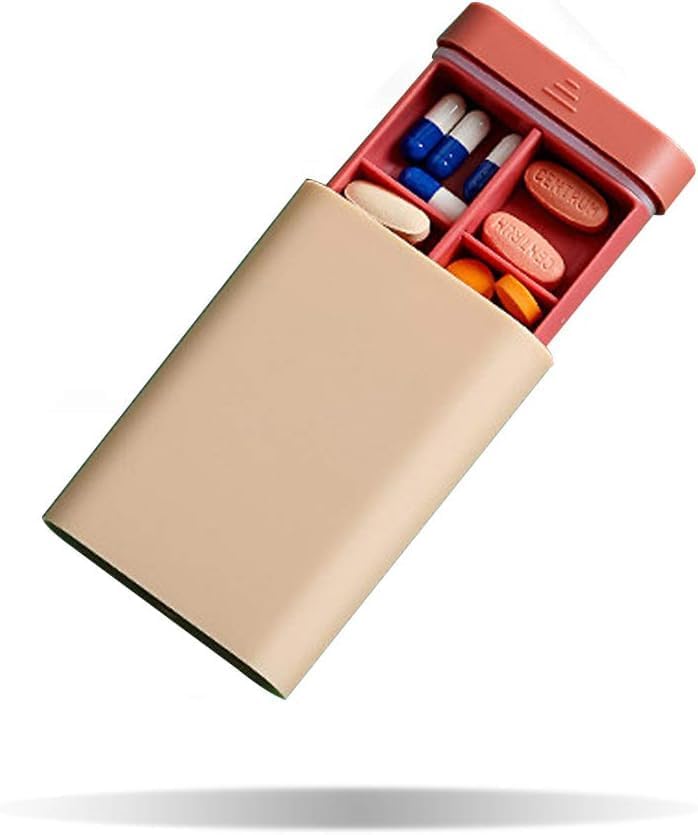 Grab Smart Pill Organizer Traveling Container Box with 6 Compartments Moisture Proof Small Pill Box for Pocket Purse Daily Pill Case Portable Pill Container Vitamin Fish Supplement (Beige)