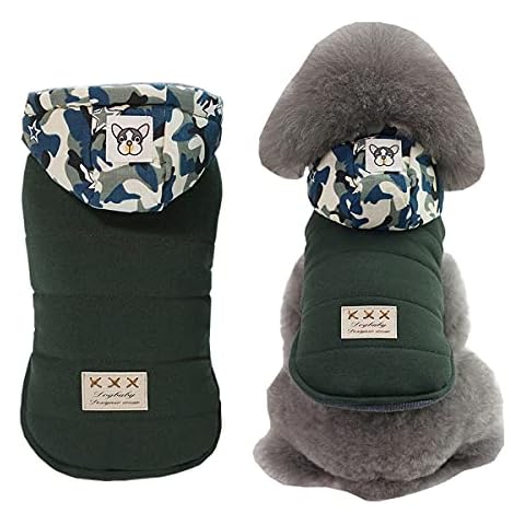 Izefia Dog Coat Cold Weather Coat Windproof Jacket Fleece Warm Dog Hoodies Camouflage Cap Winter Thick Clothes Dog Coat for Small Dog Medium Cat C-Green M Cover