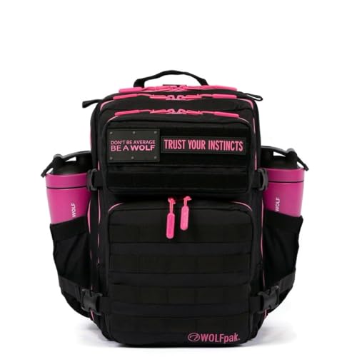 Image of WOLFpak 25L Athletic Gym Backpack (Black Neon Pink) Durable 1000D Waterproof Oxford Material with MOLLE Webbing, Laptop Pocket & Dual Cup Holders