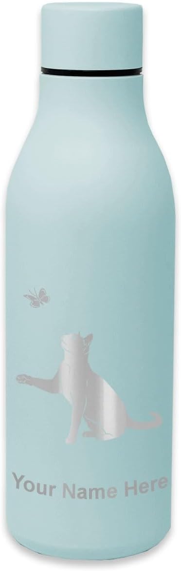 LaserGram Double Wall Stainless Steel Water Bottle, Cat with Butterfly, Personalized Engraving Included