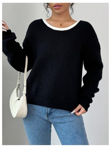 Image of Floerns Women's Colorblock Bowkbot Back Long Sleeve Sweater Cute Pullover Tops Black Large