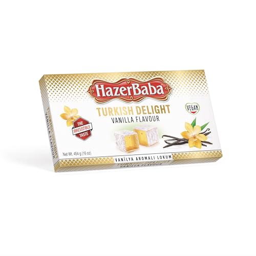 Hazer Baba Turkish Delight Candy, Vanilla Flavored, Gourmet Snack Box, Traditional, Vegan Snack, Turkish Lokum, Unique Sweets, Loukumi, Delicias Turcas, Halal, Kosher, 16oz (454g)