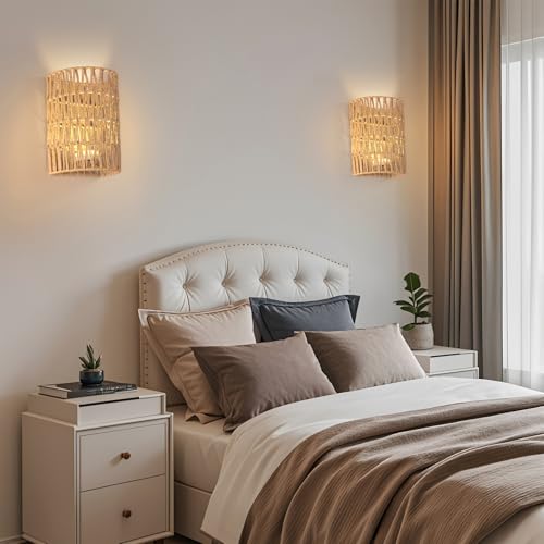 Image of FINCMY Boho Wall Decor Battery Operated Wall Sconce Set of 2, 18 RGB Colors Wall Lights Changeable Dimmable Wireless Wall Sconces for Bedroom Living Room Hallway, Natural Hemp Rope Boho Decor