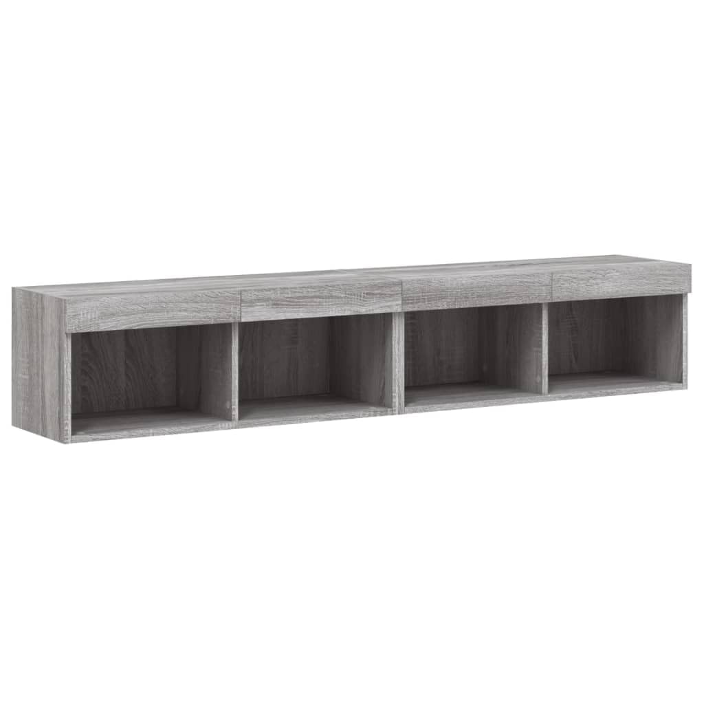 Juego de 2 armarios de TV con luces LED, gris Sonoma, 80 x 30 x 30 cm, montaje en pared, espacio de almacenamiento para salón, madera resistente