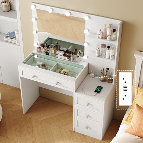 YaoYaoJia Vanity Desk with Mirror and Lights, 39.4' White Makeup Vanity with Glass Top,Dressing...